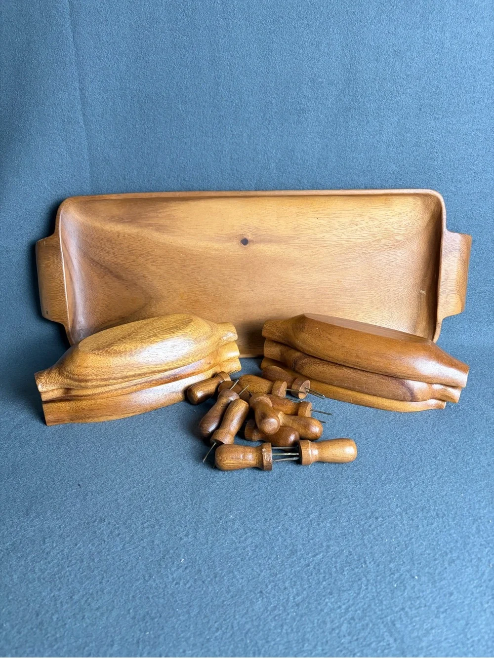 Vintage 70s Wooden Corn on The Cob Holders Complete Set Of 6 Teakwood Monkey Pod